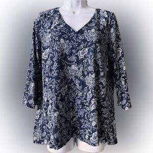 J. Jill PureJill cotton modal tunic in navy vintage floral print 3/4 sleeves S